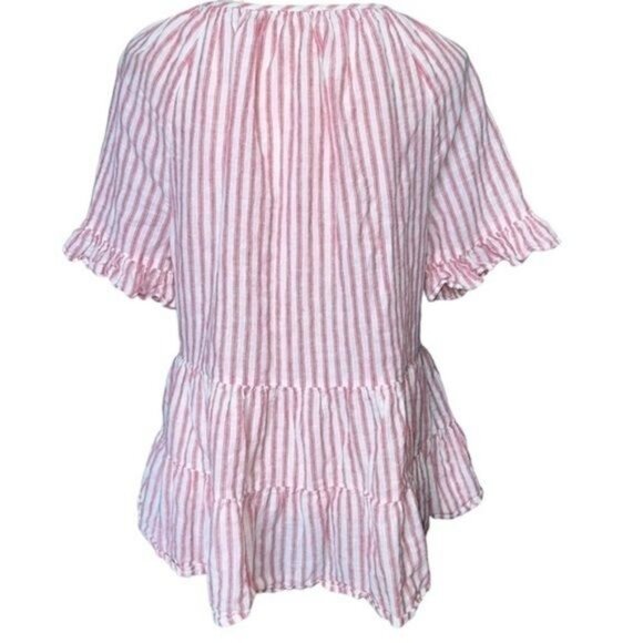 BeachLunchLounge Peplum Top Womens M Pink White Stripe Linen Blend Ruffle Sleeve - Picture 2 of 8